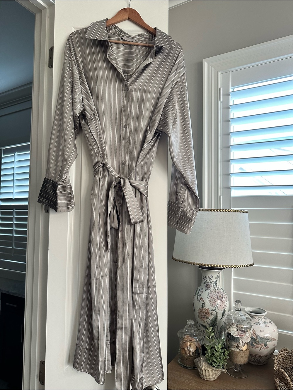 H&M Taupe Pinstripe Midi Shirt Dress